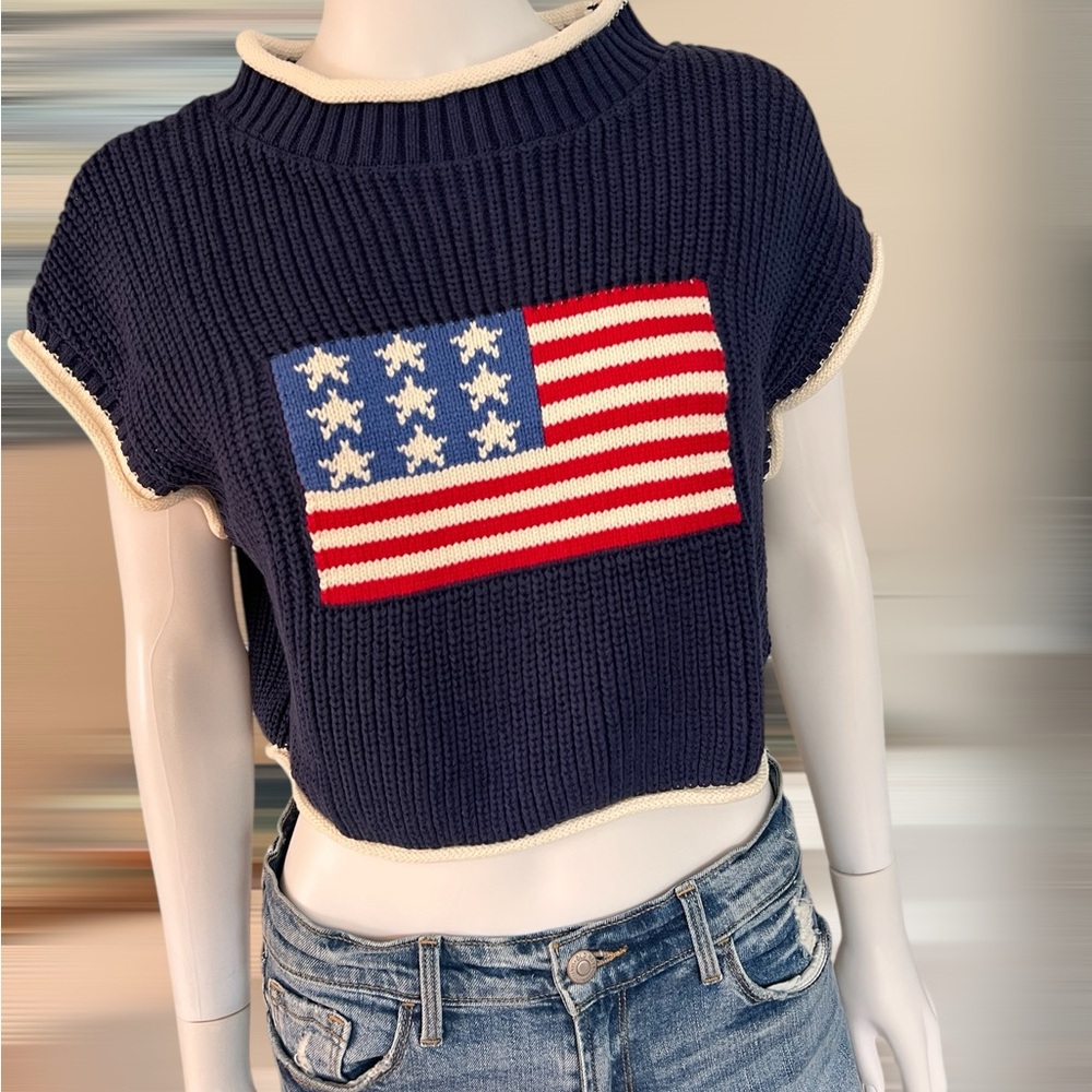 DAY & MOON Cropped navy patriotic sweater top S M L - Picture 5 of 8